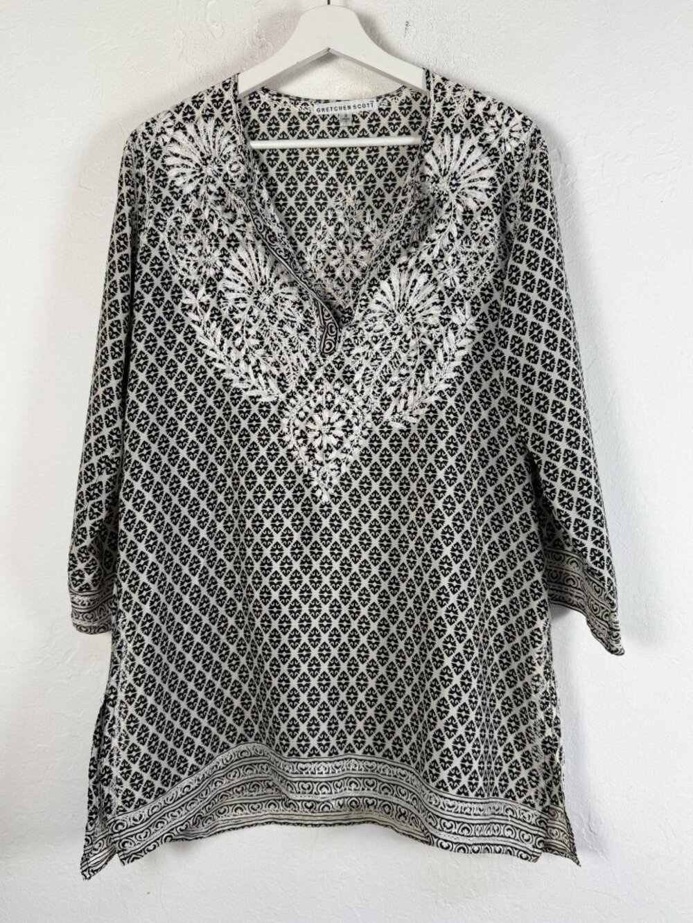 Gretchen Scott Embroidered Tunic Top Small Black White Geometric Boho Kaftan